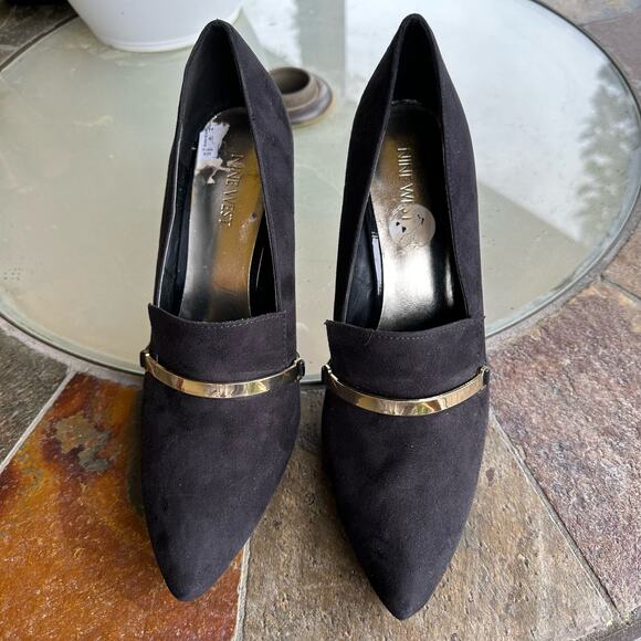 Pointed Toe Stiletto Heels Women SZ 10 Black Suede Gold Accent Witchy Whimsigoth - Picture 3 of 11